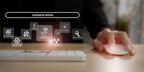 Business Model Canvas concept.  Innovative tool that helps entrepreneurs and business owners to map out business model in a structured and concise way. Overview of the key elements of a business.