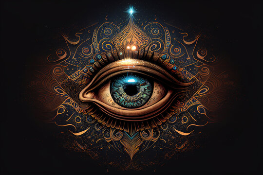 Illustration of the activated third eye in sync with the cosmos, highlighting the pineal gland's link to spirituality, metaphysics, meditation, chakras, and esoteric themes. Includes space for text