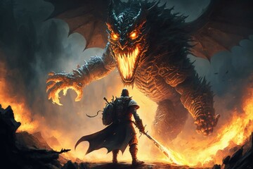 The epic scene of the battle of a knight with a dragon. Fairy tale atmosphere. AI generated - obrazy, fototapety, plakaty