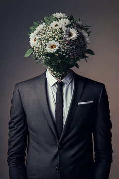 Humorous portrait of a man in a suit, tie and flowers in place of his head. A surreal image that expresses the business world with a touch of love. Generative AI