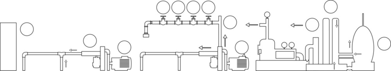 Infografik, technische Zeichnung Rohre, Rohrsystem mit Pumpen - einfache Illustration