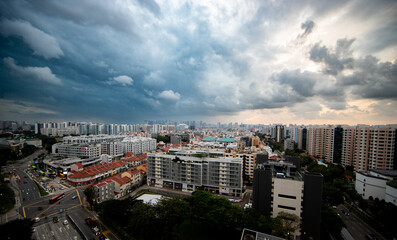 View over Geylang area and CBD and Stadium at the back during a cloudy evening