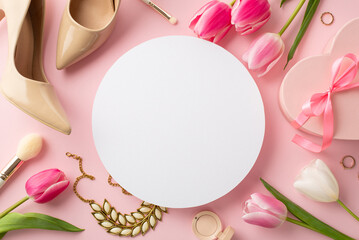 Women's Day concept. Top view photo of white circle heart shaped giftbox tulips trendy high heel shoes gold rings necklace cosmetic brushes eyeshadow on isolated pastel pink background with copyspace