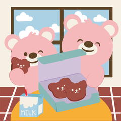 Pink bear and bear son eat cookies and milk