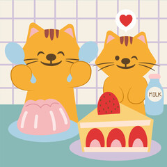 cat eat jelly, milk and cake. cartoon illustration.