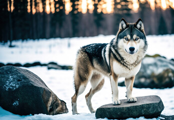Wild Grey Wolf in winter landscape. Beast looking at the camera. Generative AI.