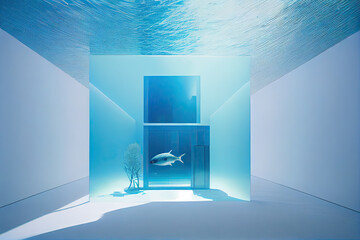 On the bottom of a blue ocean there is a modern minimalist building surrounded by colorful tropical fish.
