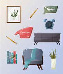 a set of images of furniture and decor items in a flat style