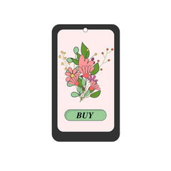 Vector illustration with a spring bouquet in the online store on a smartphone and a button to buy