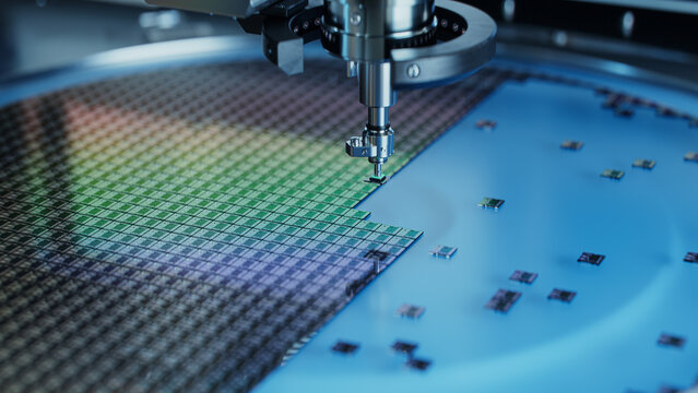 Silicon Dies are being Extracted by a Pick and Place Machine from Wafer and Attached to Substrate. Computer Chip Manufacturing at Factory. Close-up of Semiconductor Packaging Process.