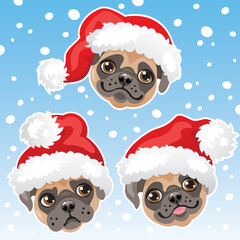 Christmas funny festive pug puppies wearing santa hats