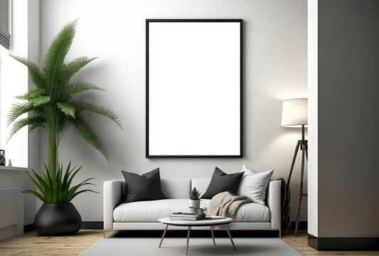 Mockup mit vertikalen Bilderrahmen im Wohnzimmer als Hintergrund. Ideal als Präsentation für Produkte wie Poster, Gemälde, Leinwände oder Wandbilder. Leerer Rahmen für Fotos - KI generiert