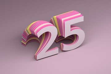 Greeting card with year 25 number on pink background. 3d render. - obrazy, fototapety, plakaty