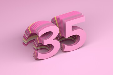 Greeting card with year 35 number on pink background. 3d render.