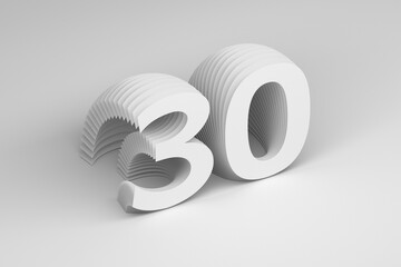 Greeting card with year 30 number on white background. 3d render.