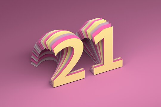Greeting card with year 21 number on pink background. 3d render.