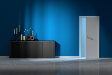 Interior dark room with blue wall and black furniture, candles, vases and opened door. 3d render.