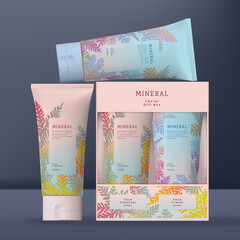 Vector Beauty Hand Cream Gift Box Packaging with Flip Cap. Pastel Gradient Colors Summer or Spring Tropical Leaf or Fern Pattern Design.