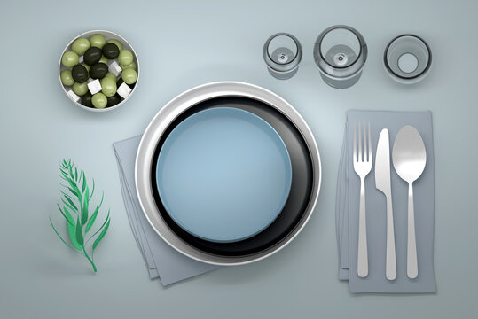 Dinner kitchen table with plates, glasses, knife, spoon, folk with decorative elements. 3d render. 