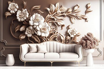 Classic white interior with a heavily decorated sofa. Wallpaper with flowers and ornaments. Generative AI