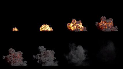 Set of Ground Fire and Smoke Explosion Isolated on Black Background. Medium Shot.