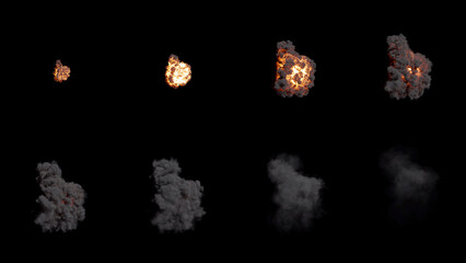 Set of Aerial Fire and Smoke Explosion Isolated on Black Background. Medium Shot. © tongpanyaluk