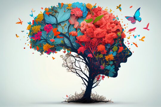 Human Brain Tree With Flowers And Butterflies, Self Care And Mental Health Concept, Positive Thinking, Creative Mind. Generative AI