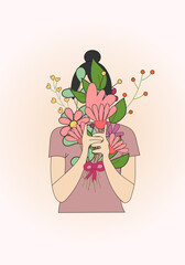 A dark-haired girl holds a bouquet of spring flowers hiding behind it