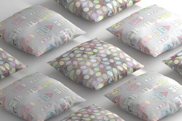 Mockup template with many pillows with simple patterns for kids on white background. 3d render.