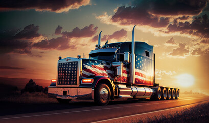 American freight cargo truck painted in patriotic USA flag colors driving on highway interstate road at sunset. Generative ai illustration. - 575965578