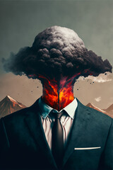 A businessman in a suit and tie, wearing a volcanic eruption head. A creative and humorous photo that depicts the business world in an original way. Generative AI - obrazy, fototapety, plakaty