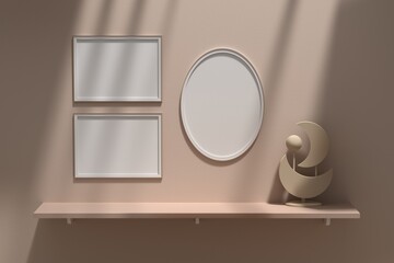 Mockup template wall gallery, set of 3 frames - oval and two A4 horizontal hanging on beige wall with decorative moon mini sculpture on shelf. 3d render.
