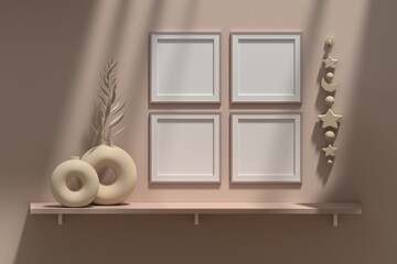 Mockup template wall gallery, set of 4 square frames hanging on beige wall with moon stars decor and vases with plants on shelf. 3d render.