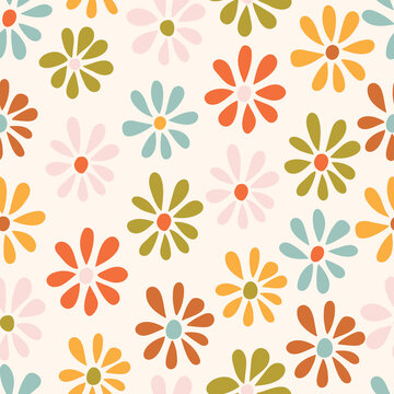 Cute colorful daisies. Simple seamless pattern with flowers. Botanical fun background. Summer floral print. Hand drawn daisy. © Ekaterina