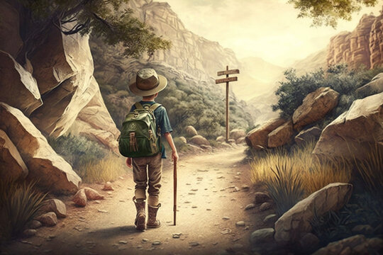 Adventurous boy walking along a nature trail