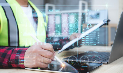 Business intelligence technology and big data analytic mixed media showing concept of futuristic information report using computer software to analyze strategic investment advice for decision making .