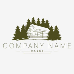Fototapeta na wymiar Hand draen house and trees logo design. Flat logo template. Luxury real estate logotype.