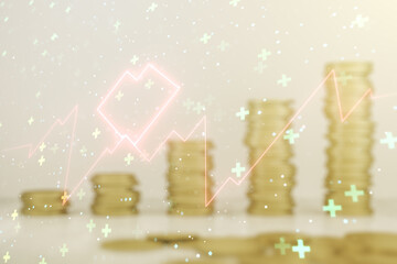 Abstract virtual heart rate sketch on growing coins stacks background, Medicine and healthcare concept. Multiexposure