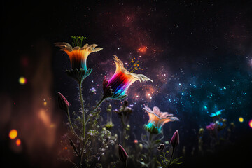 Obraz na płótnie Canvas Wild multicolored flowers are seen in front of a night sky full of stars, and a mix of colors combining both earthly floral elements and the infinite wonders of the universe. Generative AI