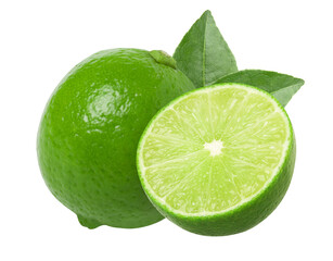Natural fresh lime with leaves and half-isolated, transparent png, PNG format, cut-out.