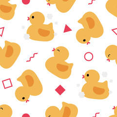 おもちゃのアヒルと幾何学模様のシームレスパターン