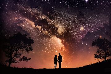 Fototapeta premium Two lovers in a romantic couple pose with starry night galaxy sky. Man and woman silhouette in happy relationship. Ai generated