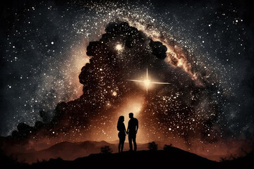 Fototapeta premium Two lovers in a romantic couple pose with starry night galaxy sky. Man and woman silhouette in happy relationship. Ai generated