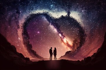 Obraz premium Two lovers in a romantic couple pose with starry night galaxy sky. Man and woman silhouette in happy relationship. Ai generated