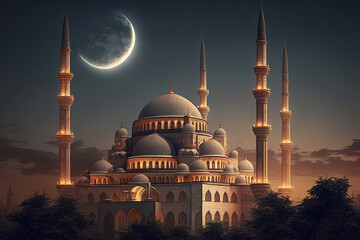 Muslim faith mosque with minarets with half moon at night. Religious islamic culture place of worship. Ai generated