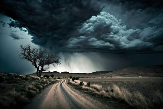 Stormy Weather With Dark Scary Clouds. Dramatic Nature Preparing For Storm And Thunderstorm. Ai Generated