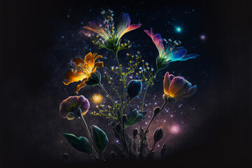 Splendid wild flowers in a starry night sky with an infinite cosmic universe. Colorful lights and an amazing mix of earthly floral elements and celestial astronomical wonders. Generative AI