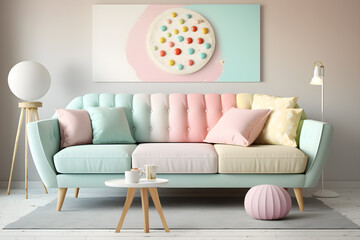 Livingroom interior with sofa, pillows, lamp and picture on the wall. Pastel color style