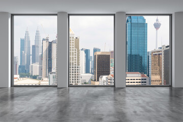 Obraz na płótnie Canvas Downtown Kuala Lumpur City Skyline Buildings from High Rise Window. Beautiful Expensive Real Estate overlooking. Empty room Interior Skyscrapers View Malaysia. Day time. 3d rendering.