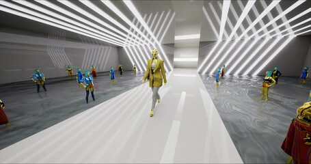 3D Fashion Show. The Virtual Female Model Walks Down the Runway. A Trendy Fashionable Gray Suit. Meeting in Virtual Space, Meta Show. Concept of Gamification and Realization of NFT Products. 3D